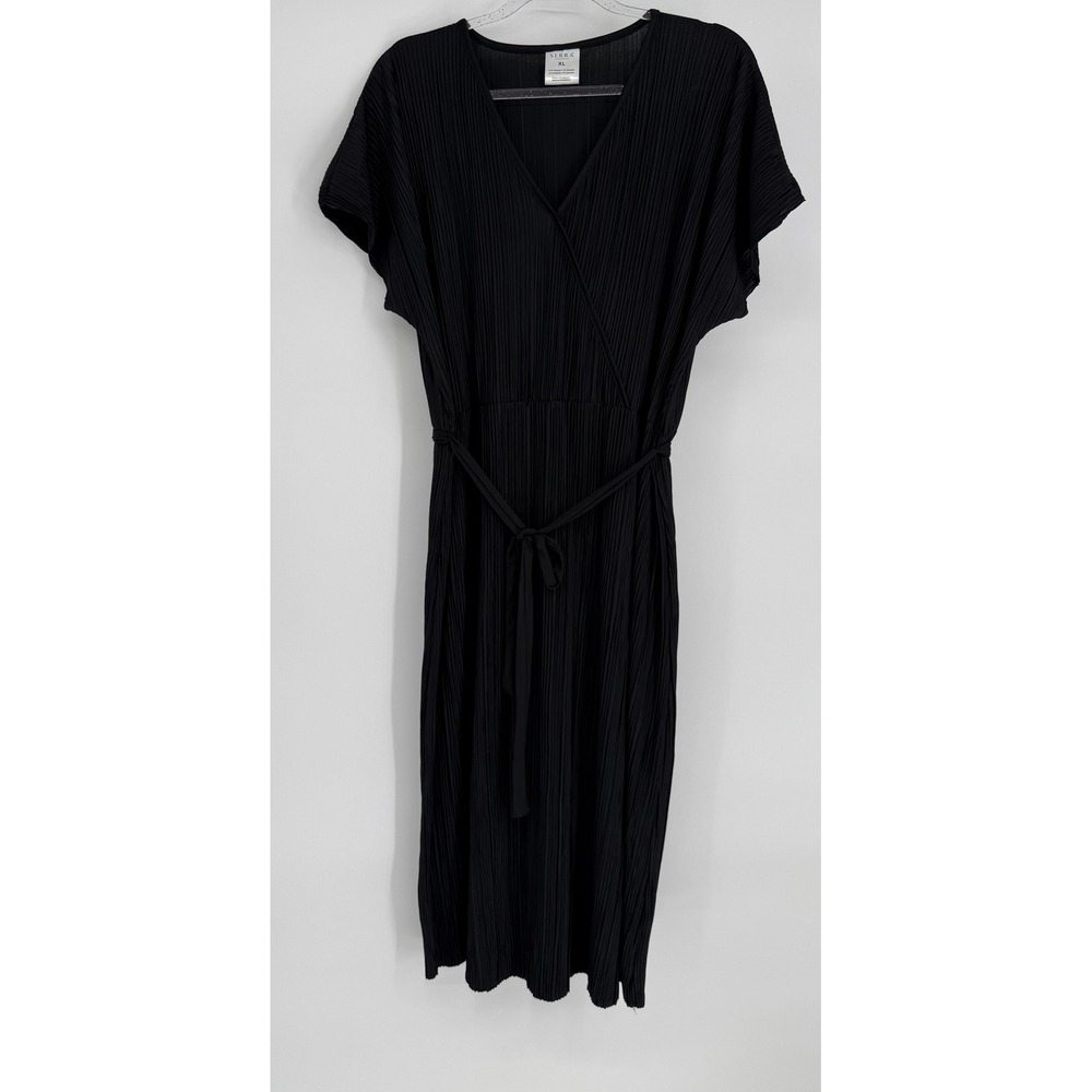 Serra Black Plissé Wrap Front Midi Dress Womens Sz XL Short Slv Tie Waist V-Neck